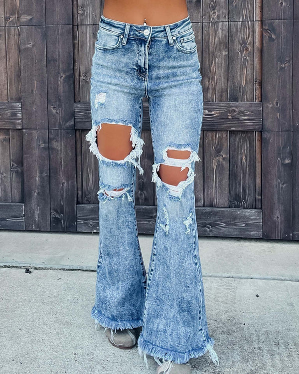 Women Clasic Ripped Tassel Zip Up Jeans