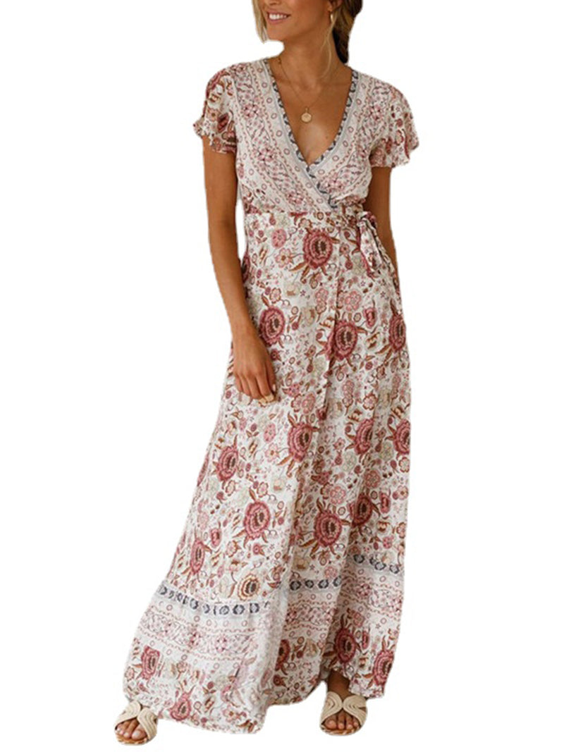 Floral Print Bohemian V Neck Short Sleeve Maxi Dress