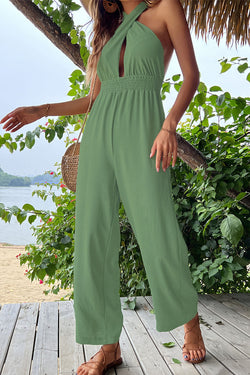 Casual Vacation Solid Frenulum Cross Straps Halter Straight Jumpsuits