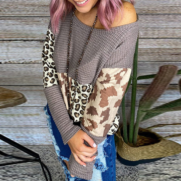 Casual Round Neck Leopard Block Blouse Top