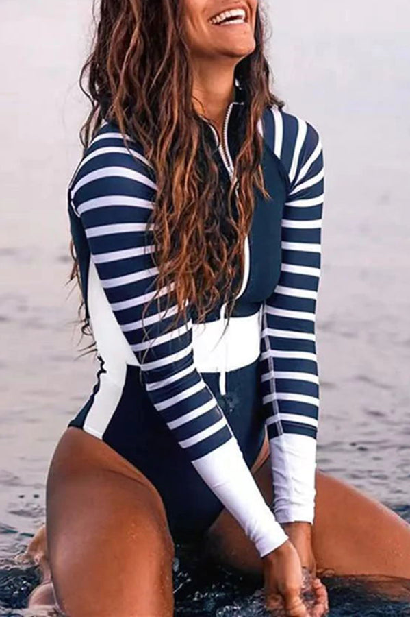 Ariel Zipper Long Sleeve Striped One Piece Swimsuit