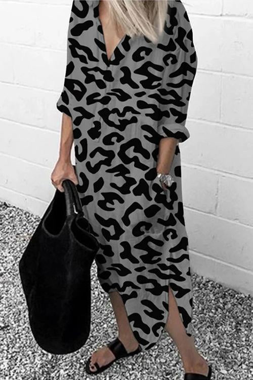 V Neck Side Split Leopard Long Dress