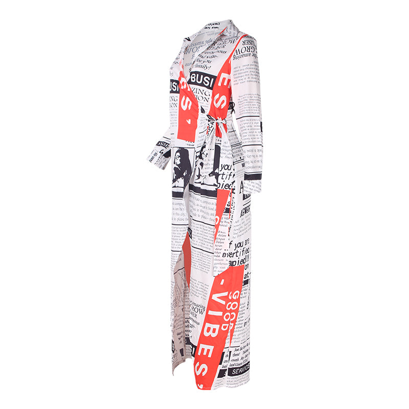 Long Sleeve V Neck Side Graphic Split Maxi Dress