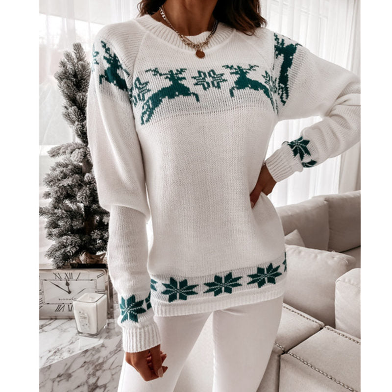 Crew Neck Xmas Print Knitted Sweater