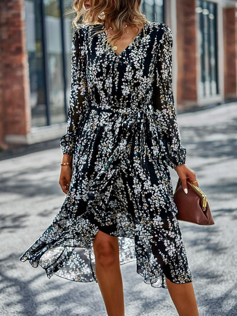 Fashion Long Sleeve V-Neck Printed Midi Dress