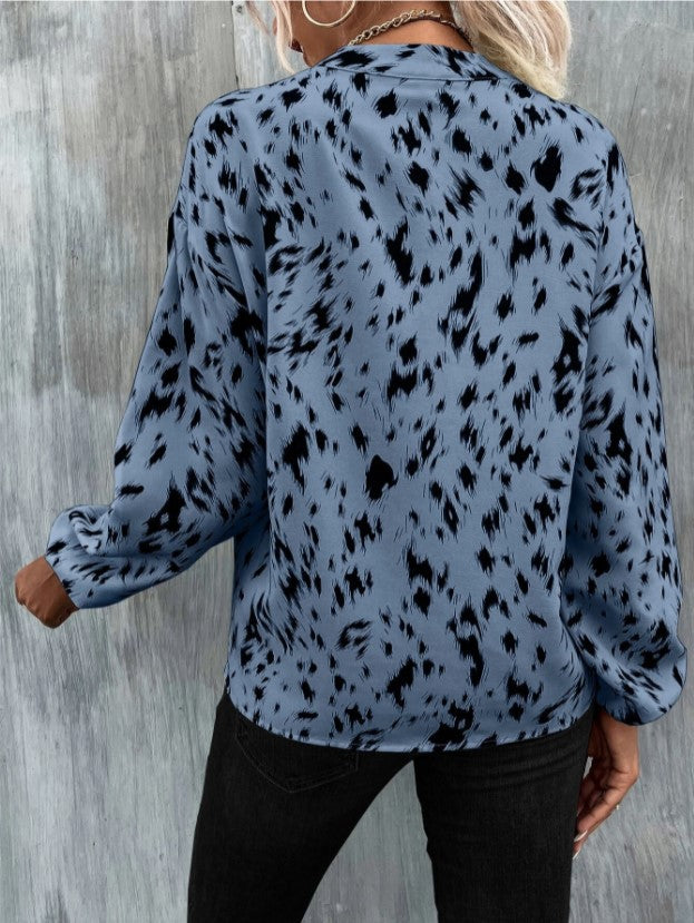 Elegant V-Neck Printed Long Sleeve Shirt