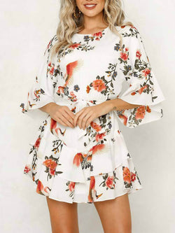 White 3/4 Length Sleeve Floral Pleated Hem Mini Dress