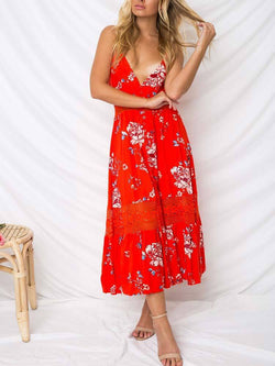 Red Women's Sleeveless Floral Printed V-neck Dress