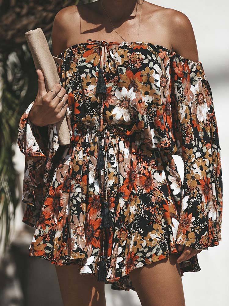 Red Flowers Printed Off Shoulder Mini Dress