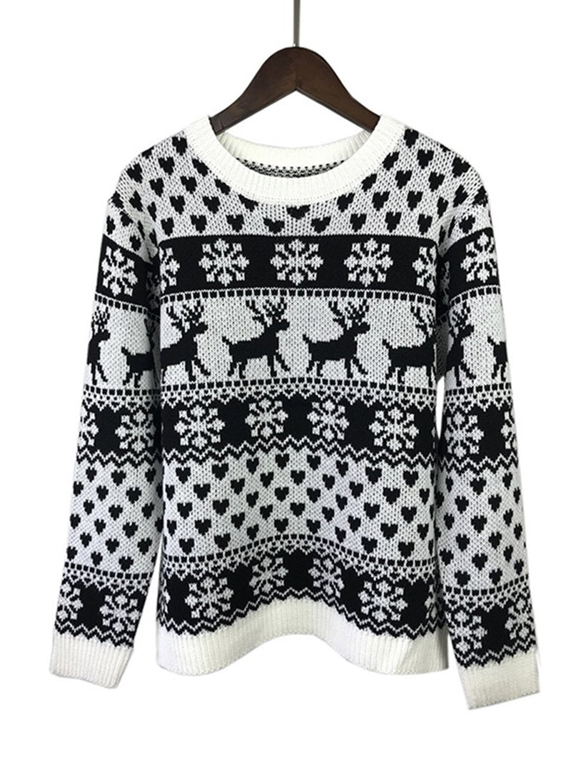 Long Sleeves Elk Snowflake Knitted Pullover Sweater