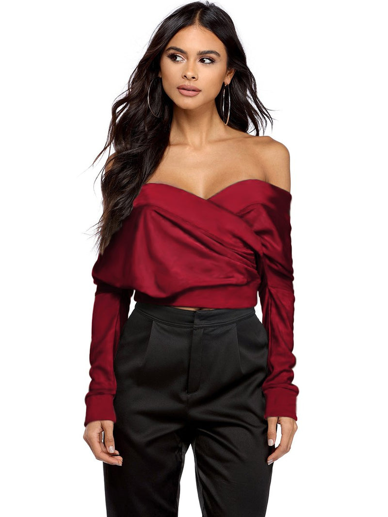 Red Half Sleeve Plain Sexy Off Shoulder Top