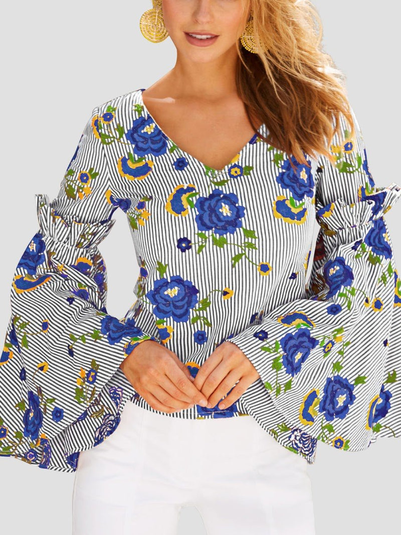 Blue Flare Sleeve Floral Deep V-neck T-shirt - Landing Closet