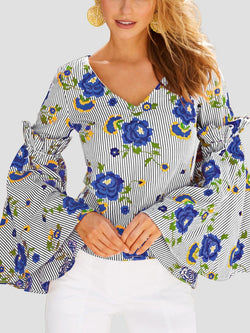 Flare Sleeve Floral Deep V-neck T-shirt - Landing Closet
