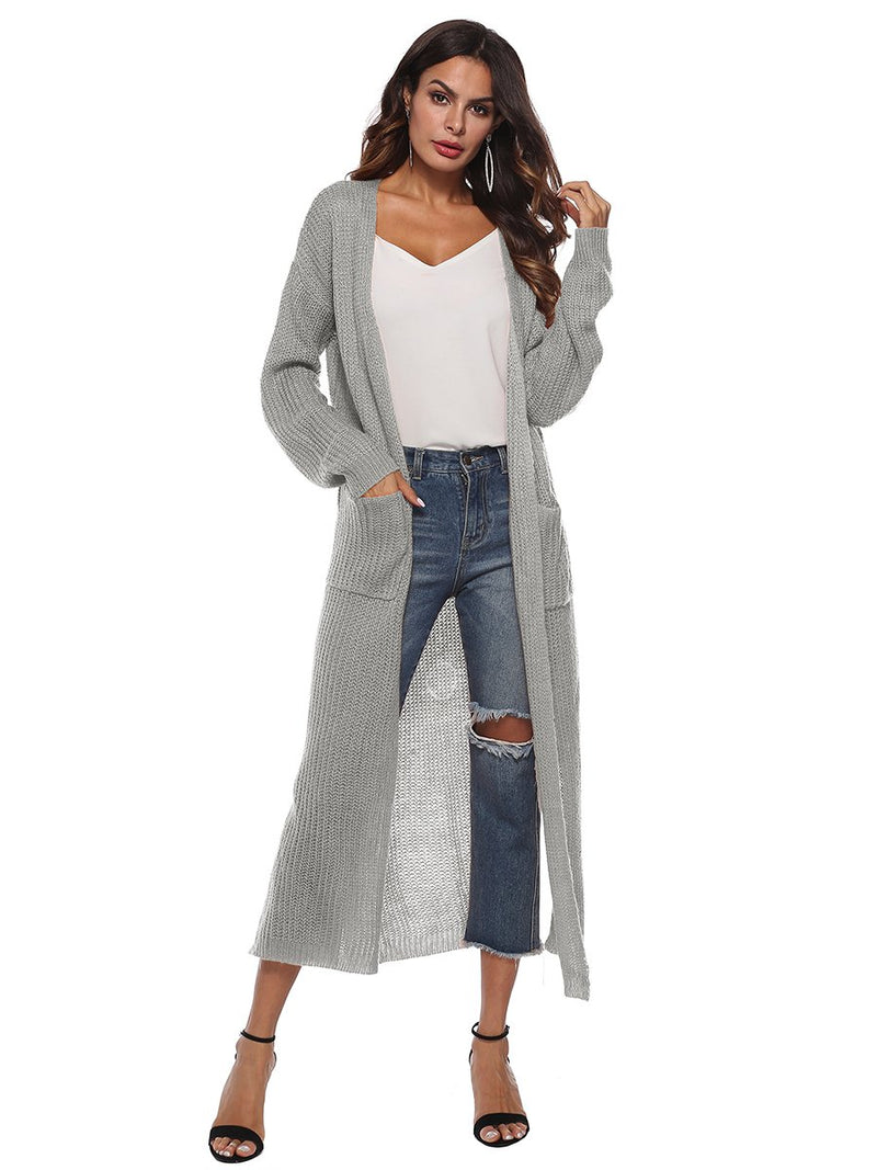 Open Front Long Sleeves Pocketed Knitted Cardigan Coat