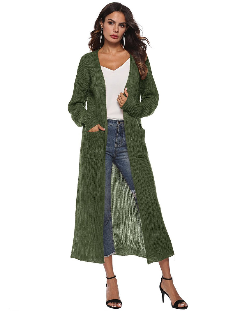 Open Front Long Sleeves Pocketed Knitted Cardigan Coat