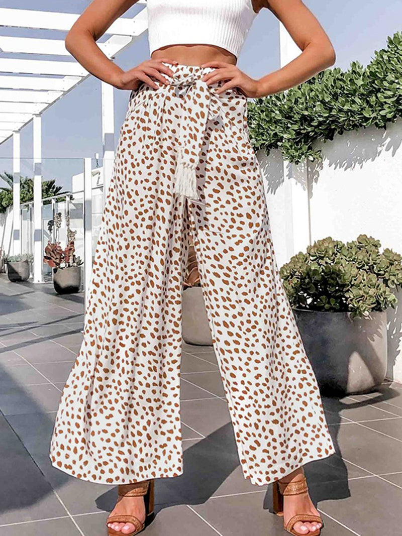 Leopard Print Elastic Waist Pants Wide Leg