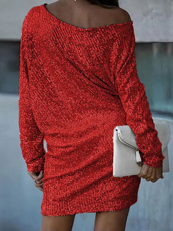 Women's Dresses Sloping Shoulder Sequin Long Sleeve Dress