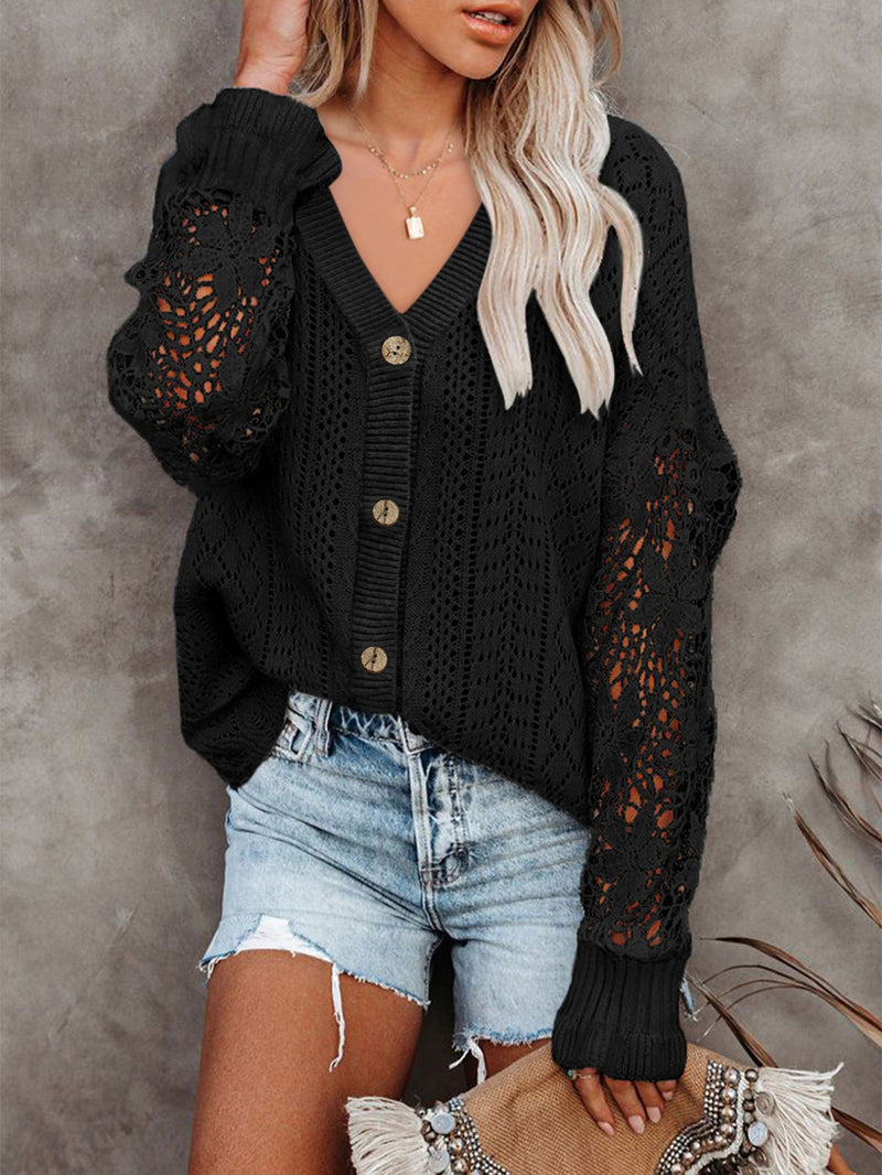 Women's Cardigans Single Breasted Hollow Lace Long Sleeve Sweater Cardigan