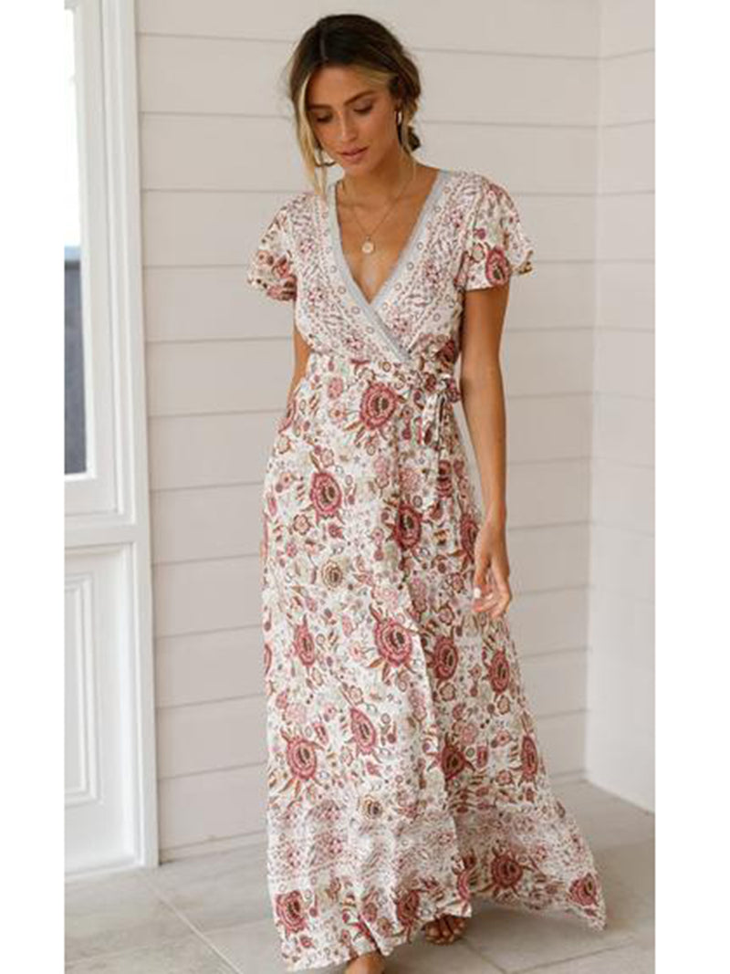 Floral V-neck Short Sleeve Maxi Dress