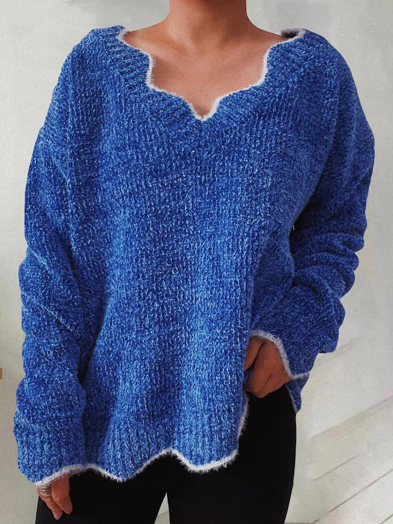 Women's Sweaters Solid Wavy Neck Long Sleeve Sweater