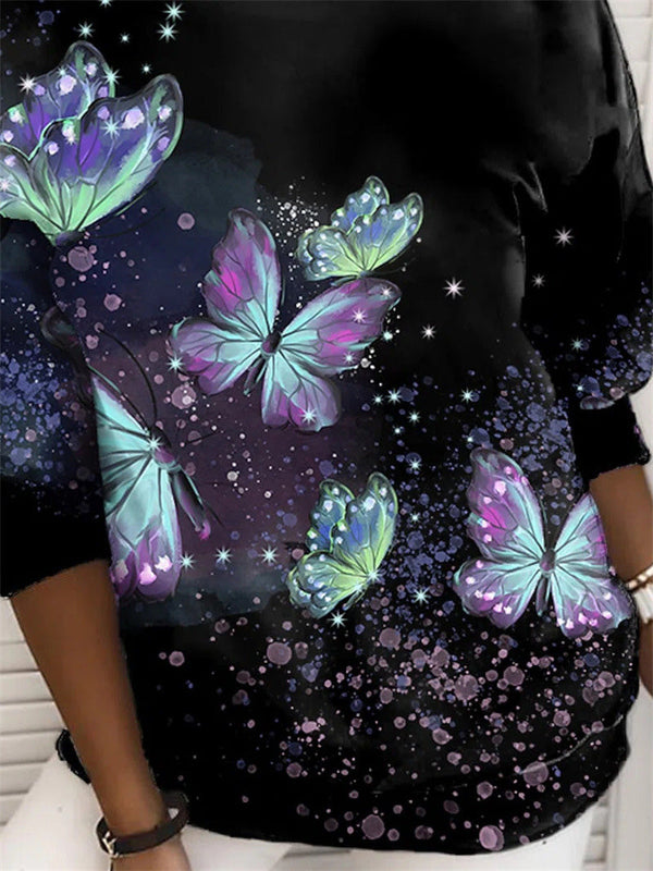 Women's T-Shirts Butterfly Print Round Neck Long Sleeve T-Shirt