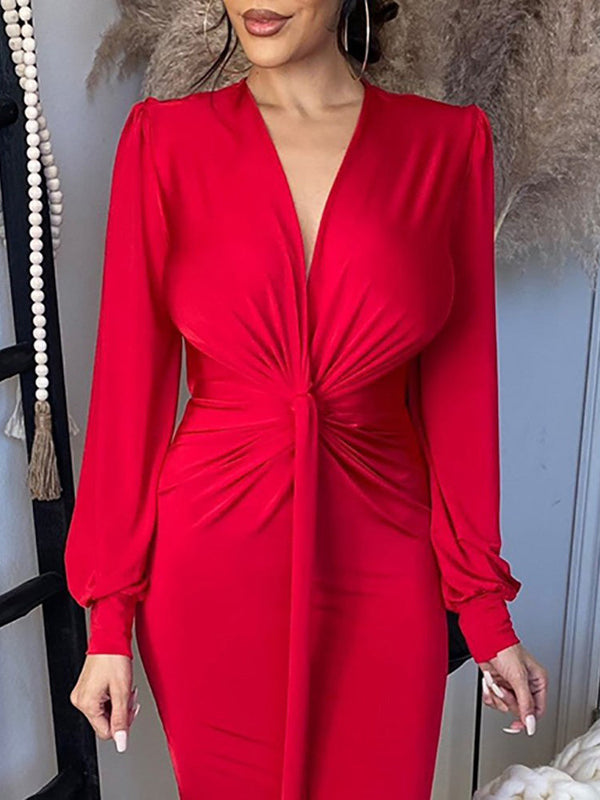 Women's Dresses V Neck Long Sleeve Slim Fit Slit Dress