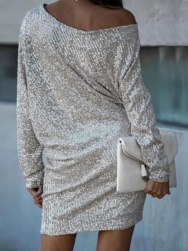 Women's Dresses Sloping Shoulder Sequin Long Sleeve Dress