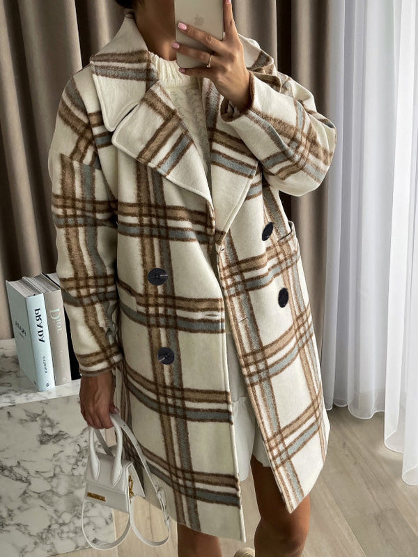 Women's Coats Lapel Double Breasted Long Sleeve Plaid Wool Coat