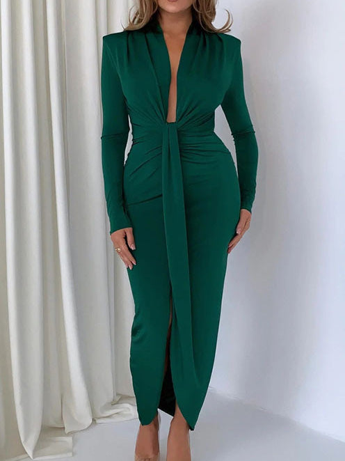 Women's Dresses Deep V Neck Long Sleeve Slim Fit Slit Dress