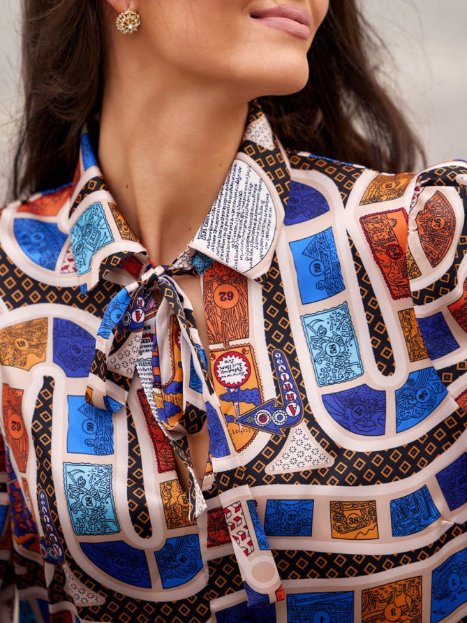 Women's Blouses Geometric Print Lace Up Long Sleeve Blouse