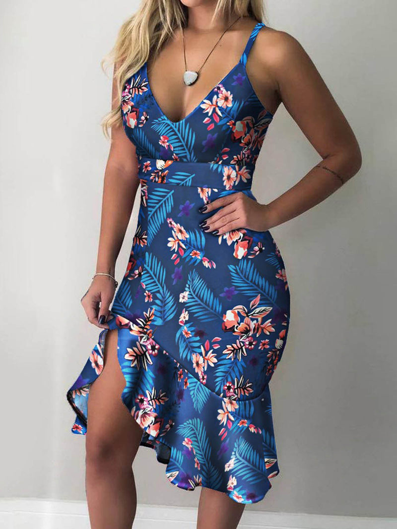 Women's Dresses Printed Sling V-Neck Ruffle Dress