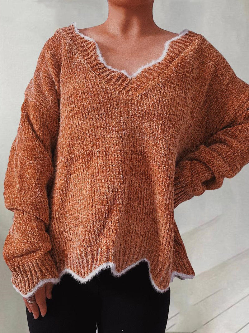 Women's Sweaters Solid Wavy Neck Long Sleeve Sweater