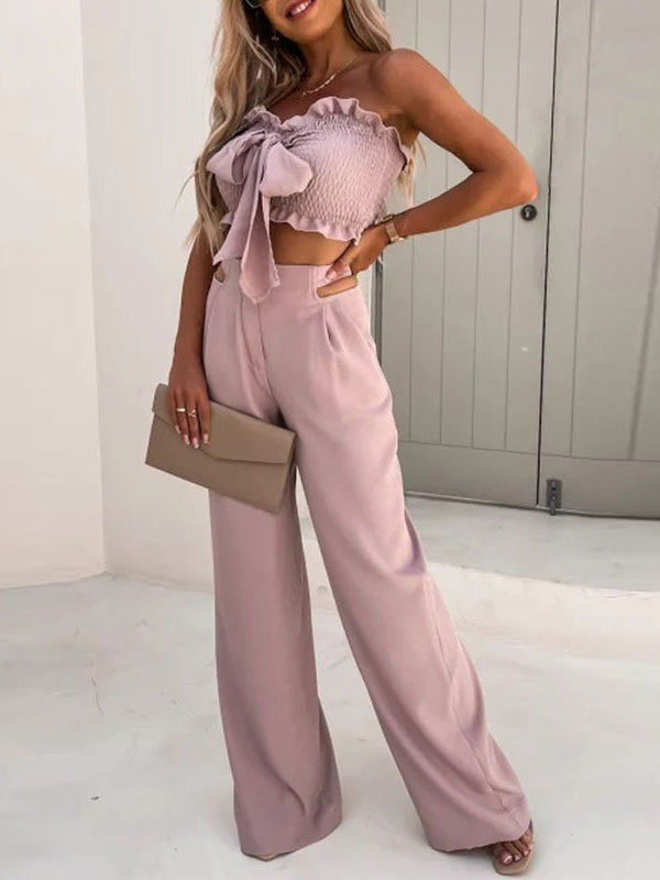 Women's Sets Bow Cropped Top & Wide Leg Pants Two-Piece Set