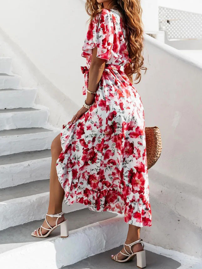 Women's Dresses Printed Short Sleeve Slit Ruffle Irregular Dress