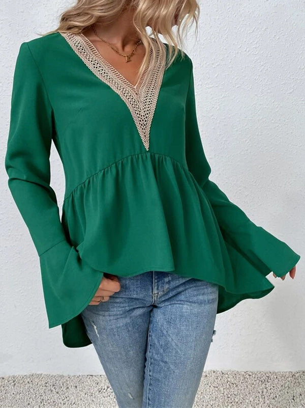 Women's Blouses Lace Panel Flare Sleeve Blouse