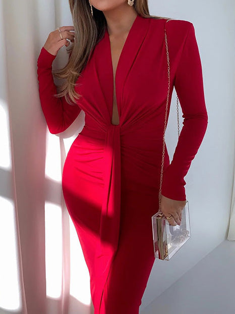 Women's Dresses Deep V Neck Long Sleeve Slim Fit Slit Dress