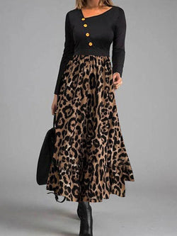 Women's Dresses Leopard Print Panel Button Long Sleeve Dress