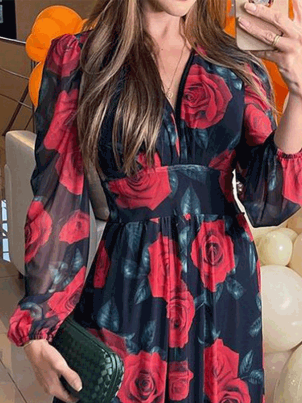 Women's Dresses V-Neck Rose Print Long Sleeve Chiffon Dress