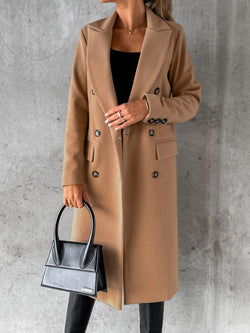 Women's Coats Solid Long Sleeve Double Breasted Pocket Woolen Coat
