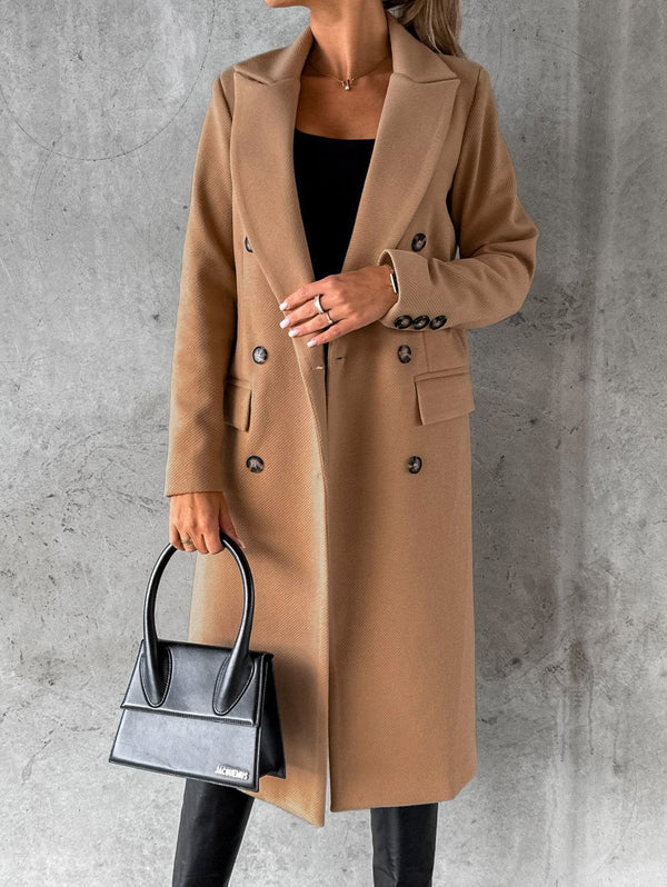 Women's Coats Solid Long Sleeve Double Breasted Pocket Woolen Coat