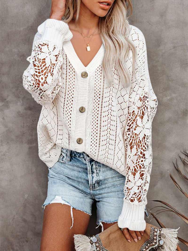 Women's Cardigans Single Breasted Hollow Lace Long Sleeve Sweater Cardigan