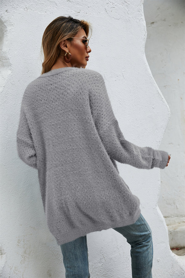 Casual Long Sleeve V Neck Sweater with Pockets