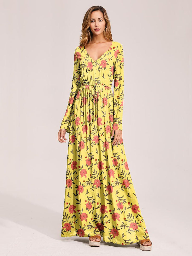 Floral Print Surplice Belted Dress