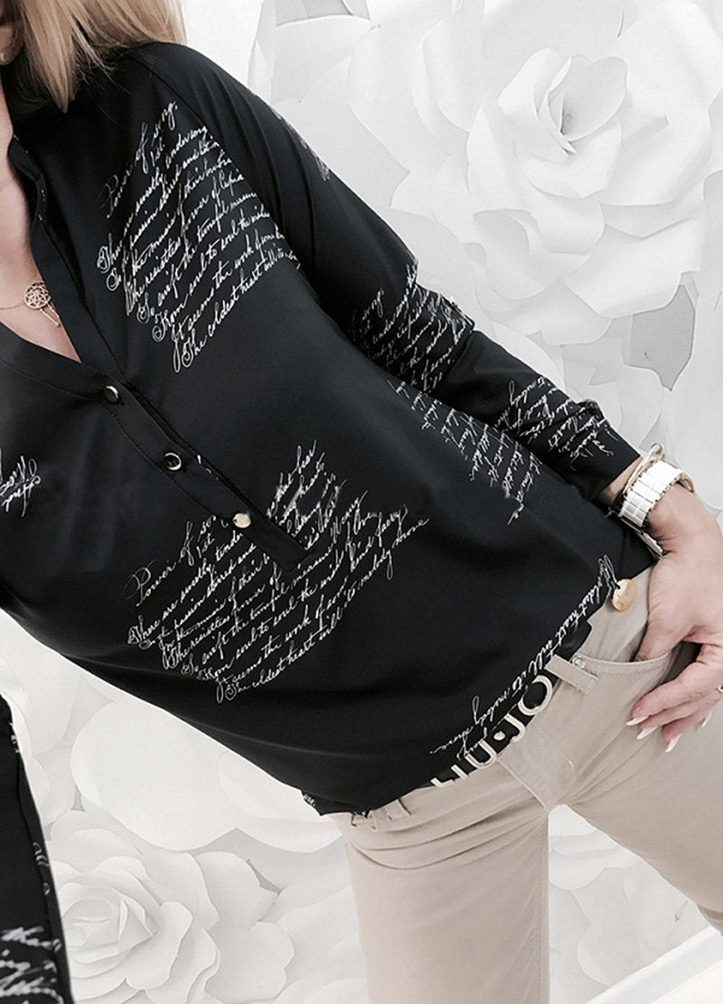 V-neck Long Sleeves Button Letters Printed T-shirt Blouse Top