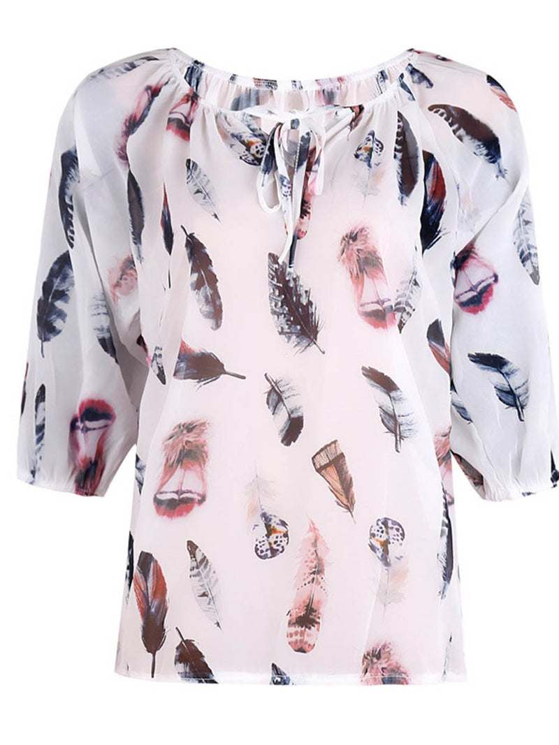 Feathers Printed V-neck Loose Fit T-shirt Top