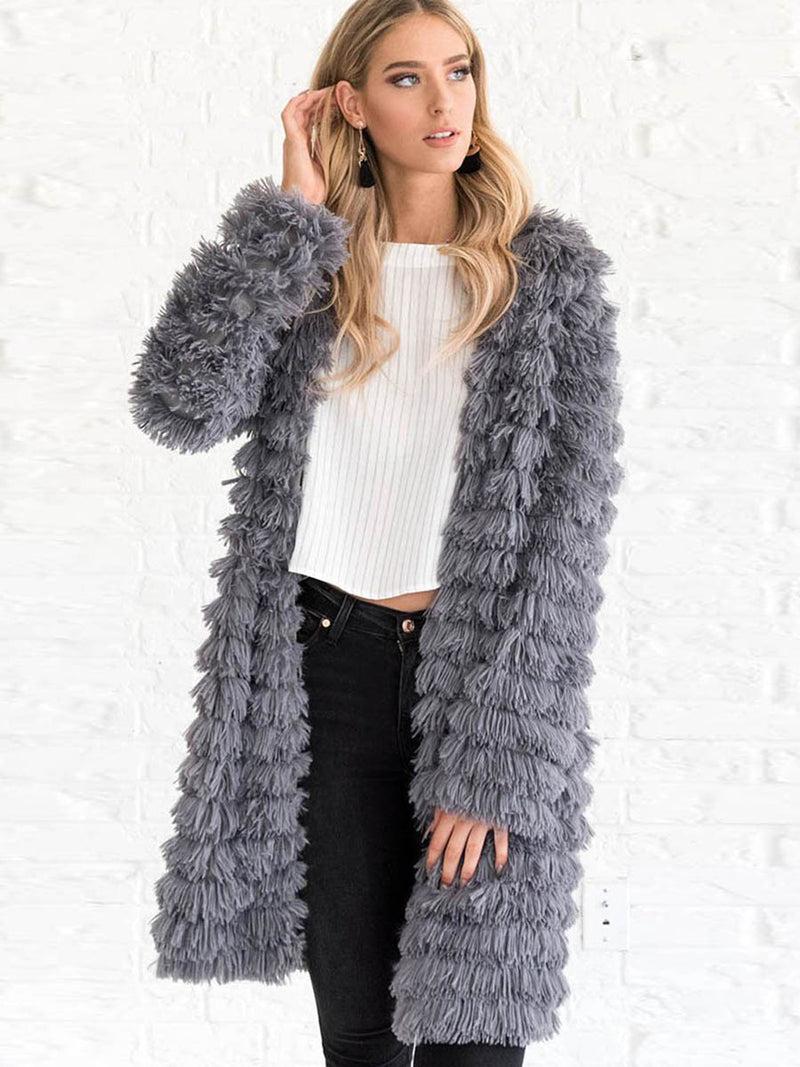 Long Sleeve Plain Fluffy Long Sweater