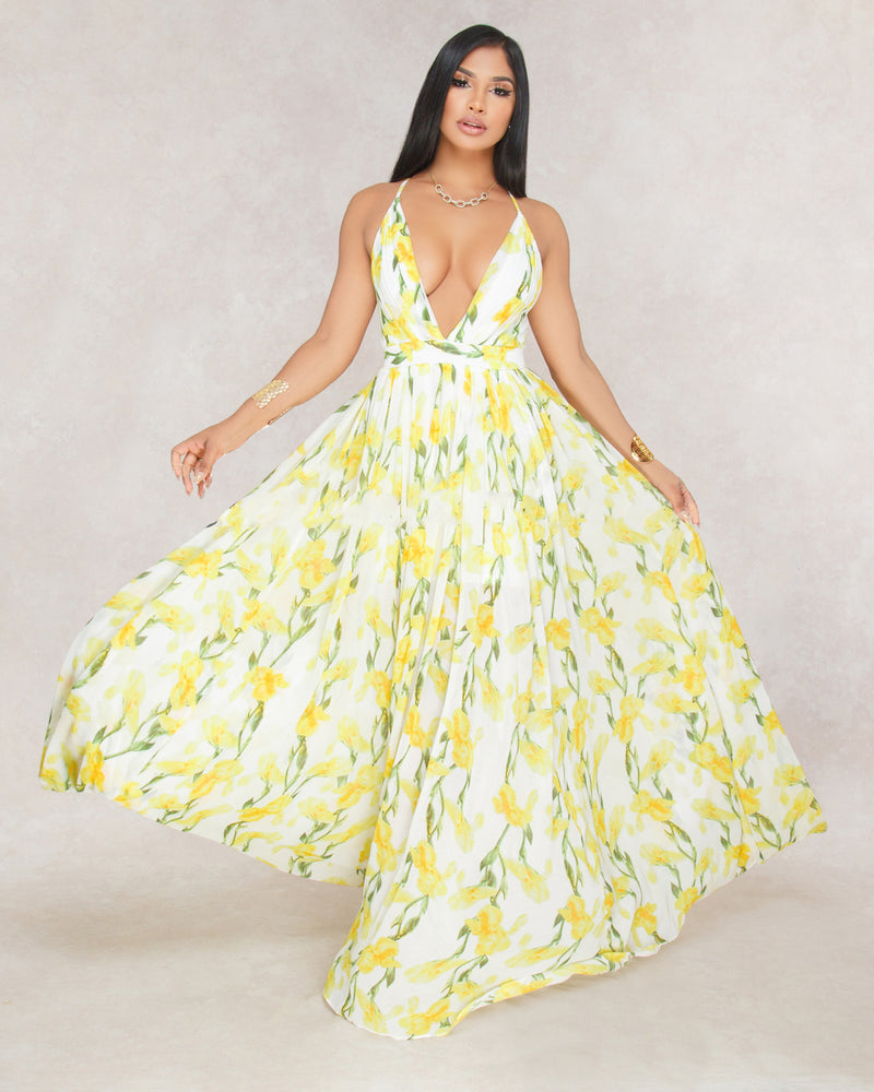 Floral Print Pleated Backless Slip Maxi Dress
