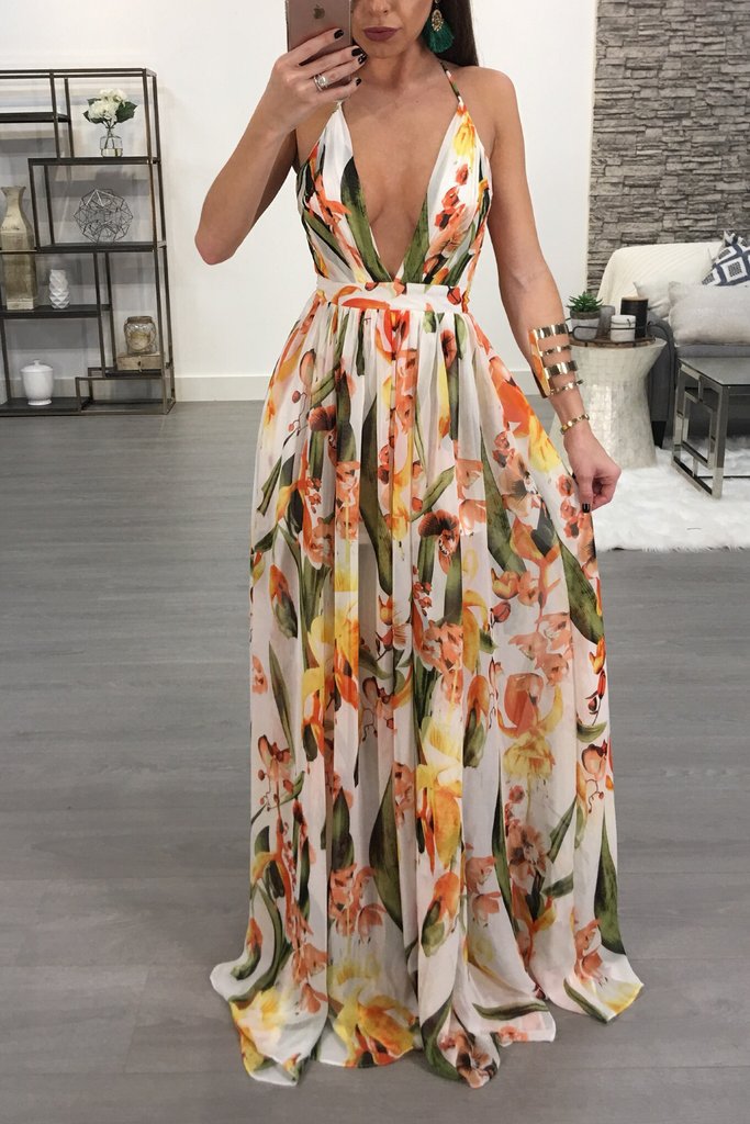Floral Print Pleated Backless Slip Maxi Dress