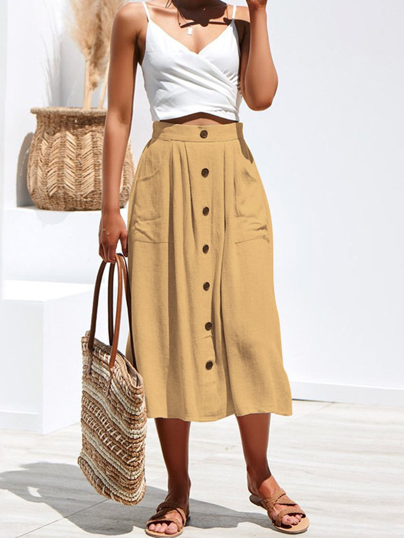 A-lined Buttons Knee Length Midi Skirt with Pockets - Landing Closet