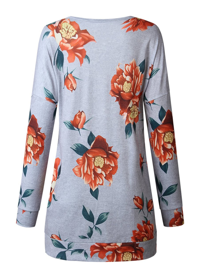 Floral Printed V-neck Long Sleeves Side Slit Pullover Top